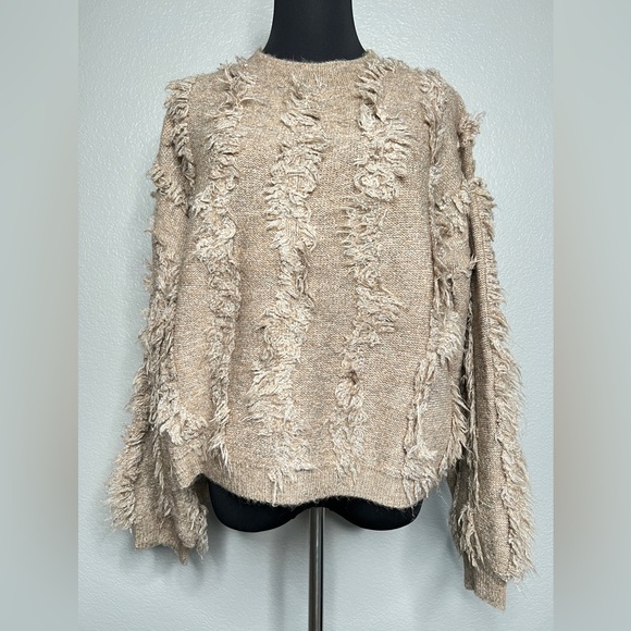 Taupe Fringe Balloon Sleeve Pullover Knit Sweater NWT - Picture 1 of 9